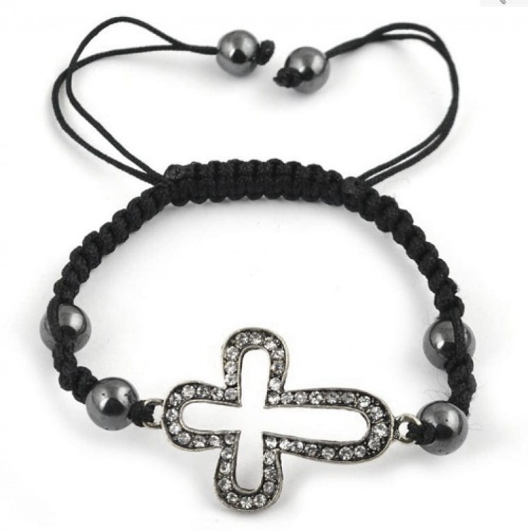 Bransoletka pleciona Shamballa krzyż gothic punk cyrkonie