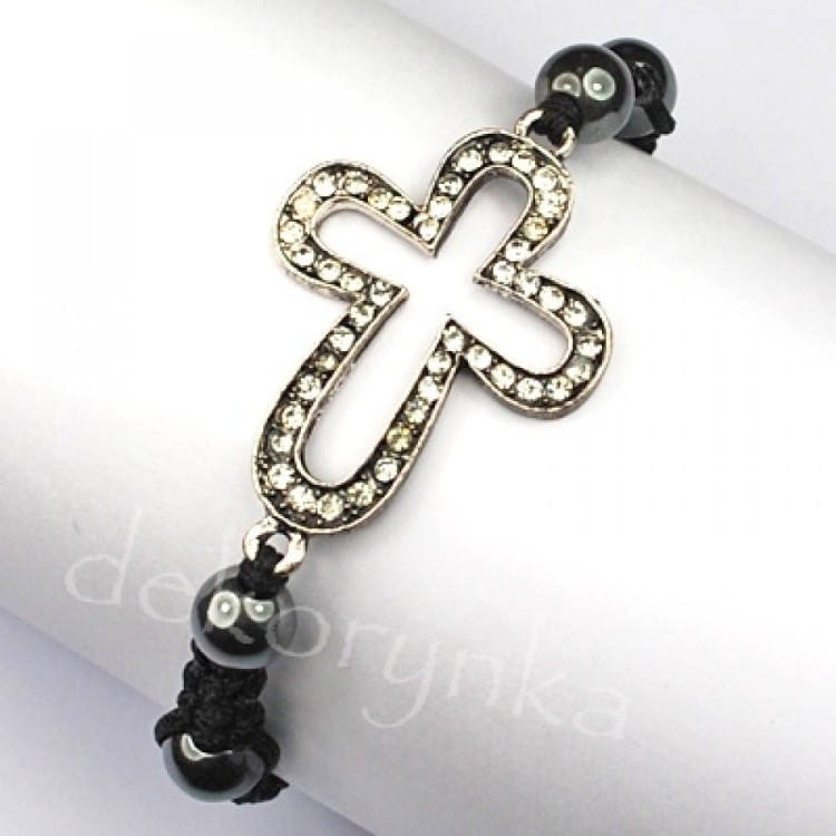 Bransoletka pleciona Shamballa krzyż gothic punk cyrkonie
