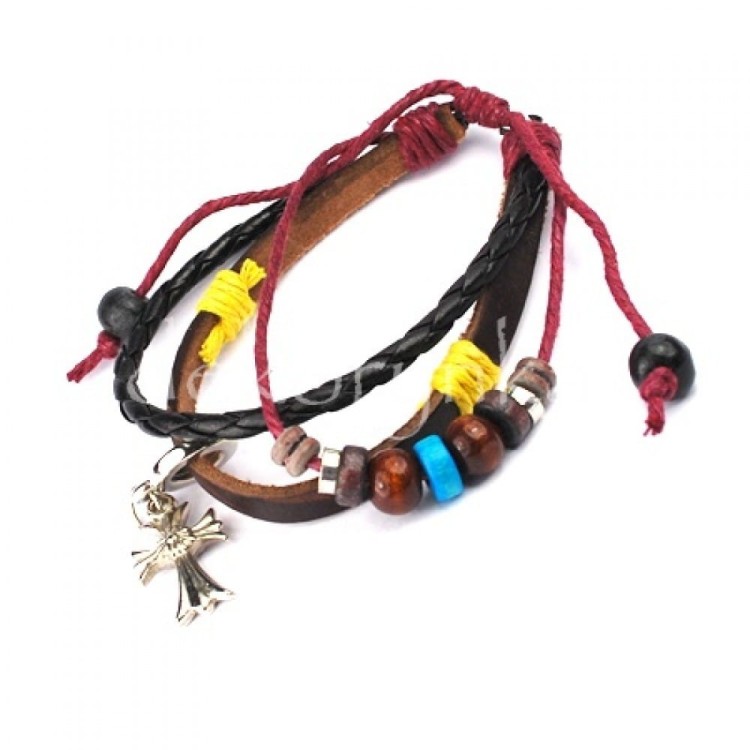 Bransoletka rzemykowa z koralikami i zawieszką krzyż