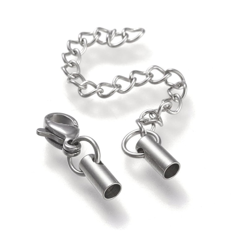 ZAP02 Końcówki sznurków rzemieni 2,5mm do wklejania z zapięciem i łańcuszkiem stal nierdzewna