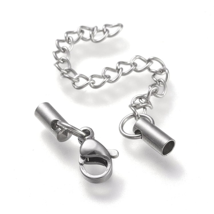 ZAP02 Końcówki sznurków rzemieni 2,5mm do wklejania z zapięciem i łańcuszkiem stal nierdzewna