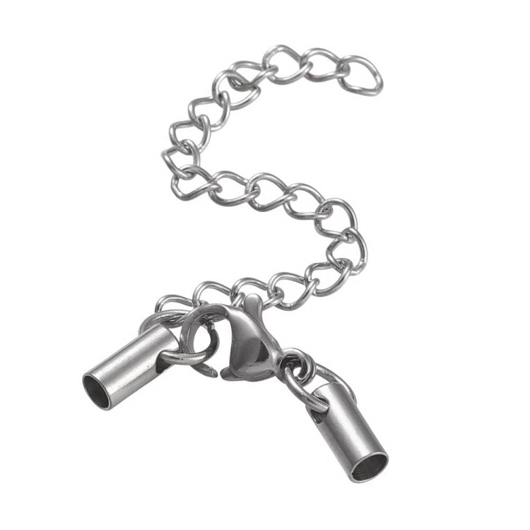 ZAP02 Końcówki sznurków rzemieni 2,5mm do wklejania z zapięciem i łańcuszkiem stal nierdzewna