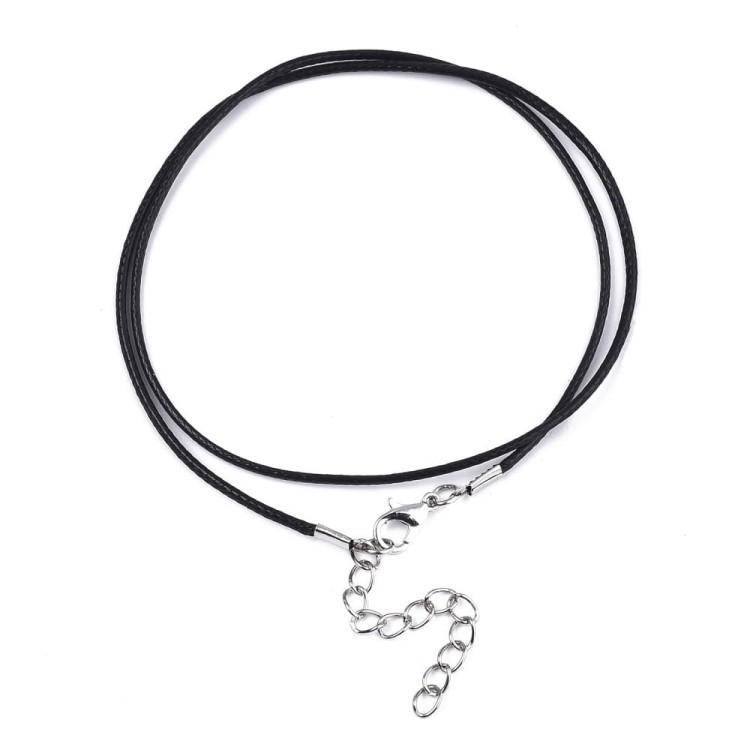 BNS19 Baza naszyjnika sznurek woskowany 1,5mm czarny z zapięciem karabińczykiem łańcuszkiem