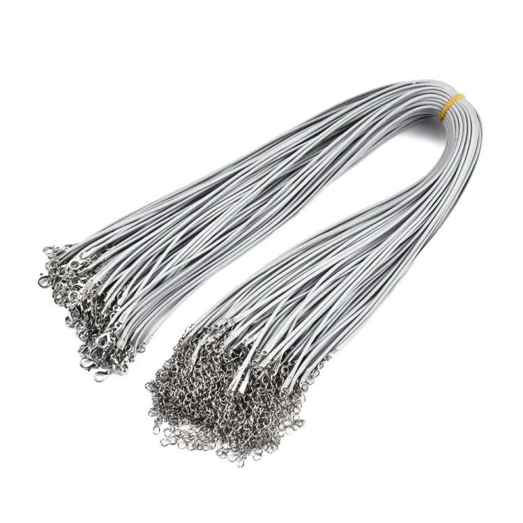 BNS20 Baza naszyjnika sznurek woskowany 1,5mm j.szary z zapięciem karabińczykiem łańcuszkiem