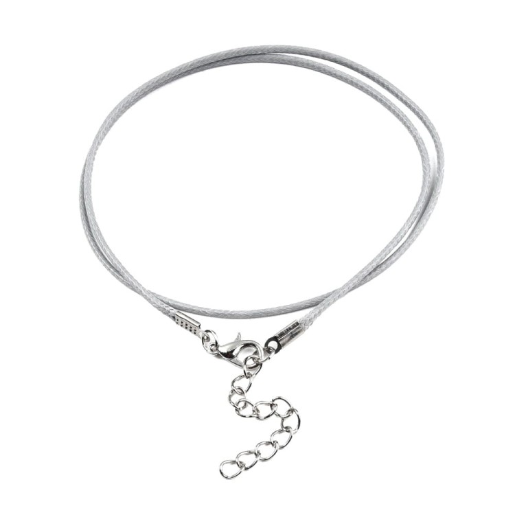 BNS20 Baza naszyjnika sznurek woskowany 1,5mm j.szary z zapięciem karabińczykiem łańcuszkiem