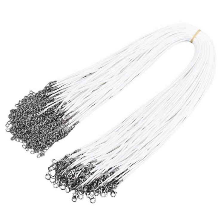 BNS21 Baza naszyjnika sznurek woskowany 1,5mm biały z zapięciem karabińczykiem łańcuszkiem