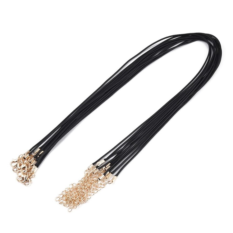 BNS22 Baza naszyjnika sznurek woskowany 1,5mm czarny z zapięciem karabińczykiem łańcuszkiem