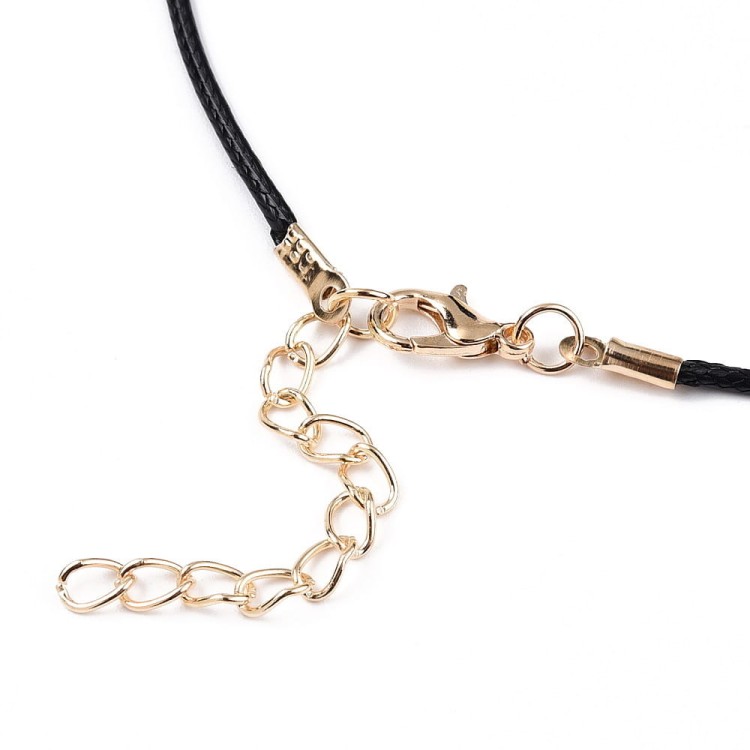 BNS22 Baza naszyjnika sznurek woskowany 1,5mm czarny z zapięciem karabińczykiem łańcuszkiem