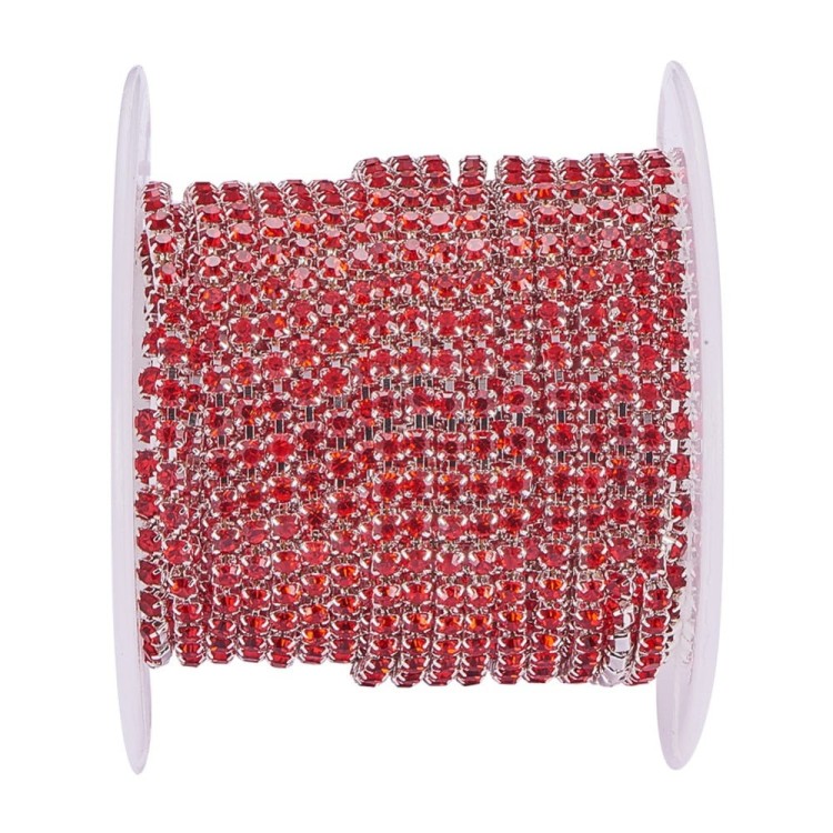 TB44 Taśma biżuteryjna ozdobna z cyrkoniami SS6 2mm 1m silver/red