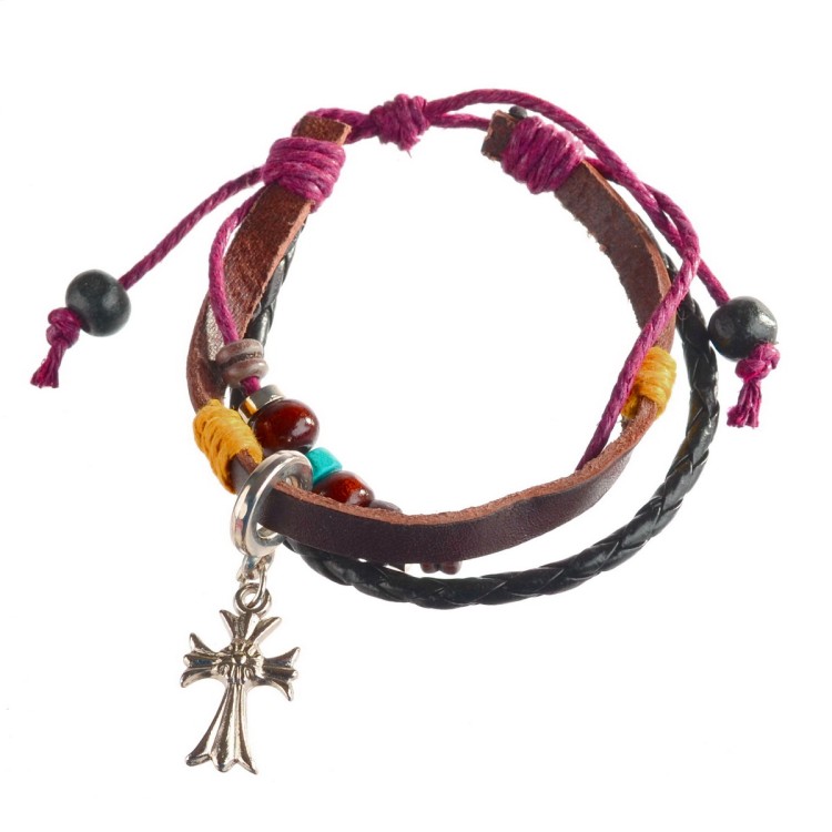 Bransoletka rzemykowa z koralikami i zawieszką krzyż