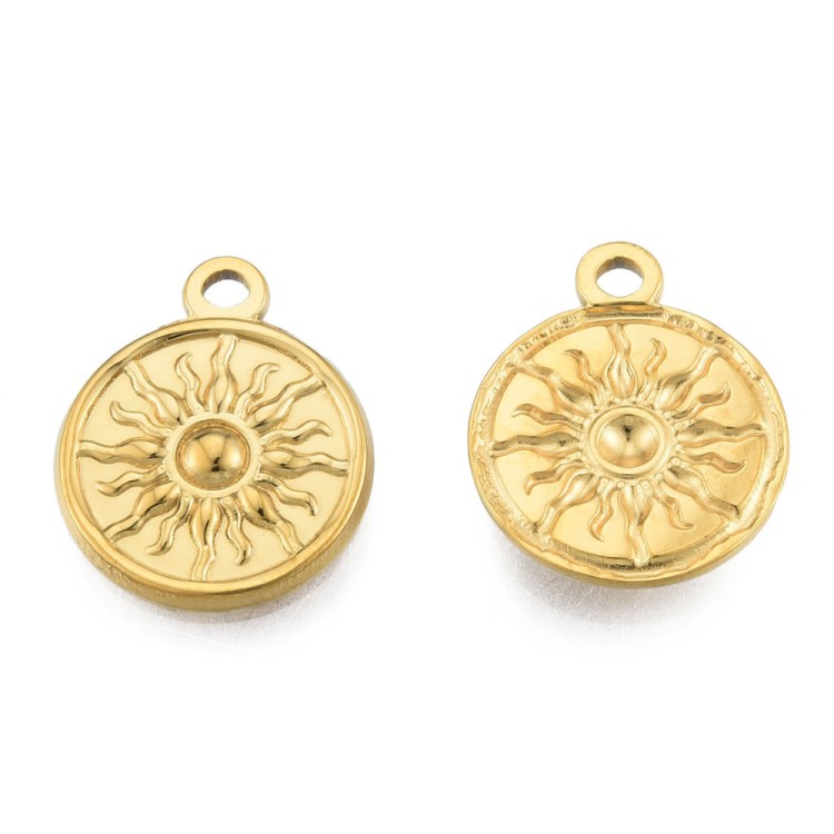 ZSS312 Zawieszka do biżuterii blaszka słońce 15,5x19mm stal nierdzewna IP 2szt złota 18K