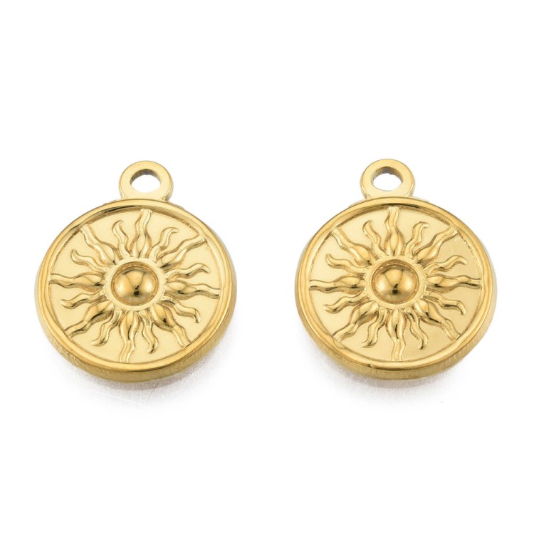 ZSS312 Zawieszka do biżuterii blaszka słońce 15,5x19mm stal nierdzewna IP 2szt złota 18K