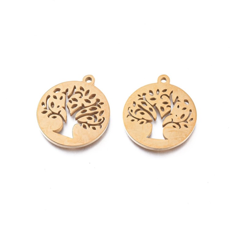 ZSS317 Zawieszka do biżuterii stal nierdzewna IP blaszka z grawerem drzewo 16x18mm złota