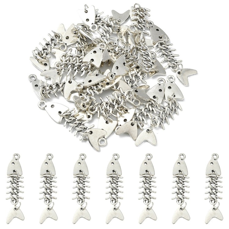 ZM400 Zawieszka metalowa szkielet ryby 11,5x50mm stare srebro