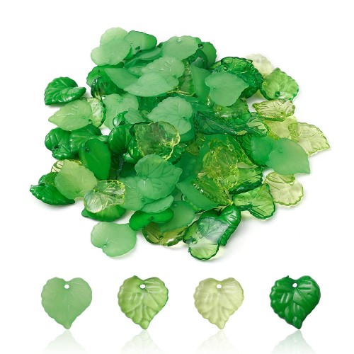FRO35 Koraliki frost akrylowe listki 100szt zielone mix