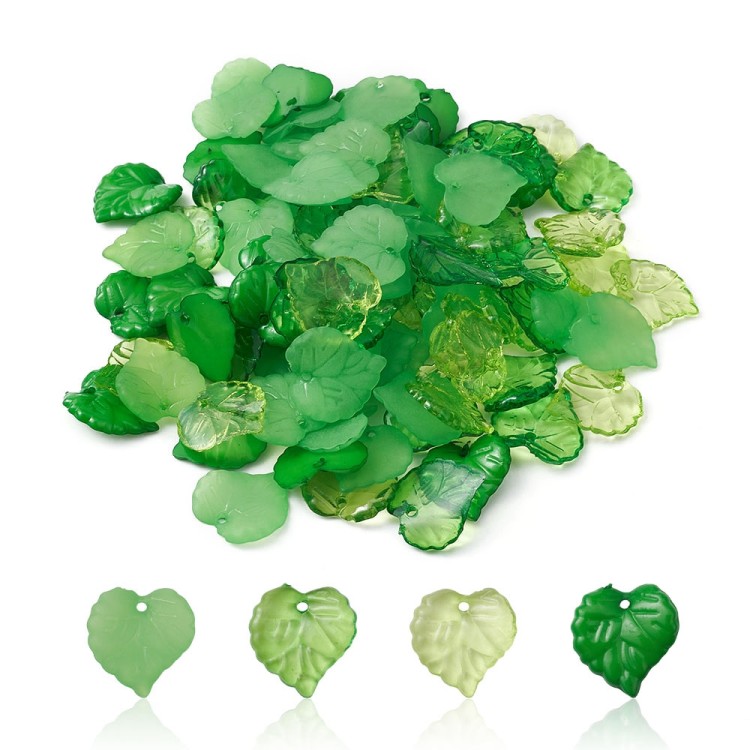 FRO35 Koraliki frost akrylowe listki 100szt zielone mix