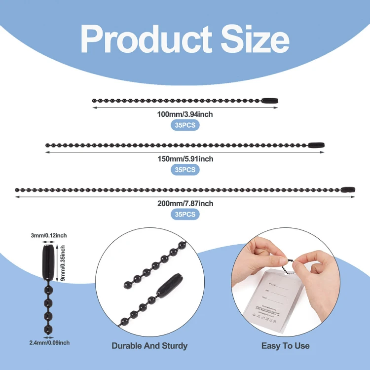 LAN220 Łańcuszek kulkowy z zapięciem 2.4mm 10-20cm czarny do metek breloków zawieszek