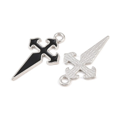 ZM83 Zawieszka metalowa do biżuterii krzyż sztylet emaliowany 17x30mm 5szt punk gotyk czarny