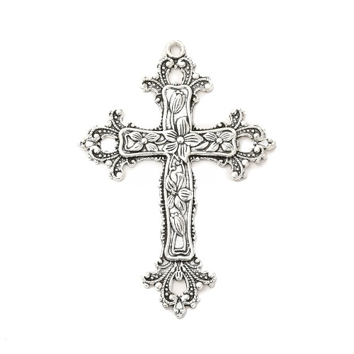 ZM87 Zawieszka metalowa do biżuterii krzyż krzyżyk kwiaty 52x74mm gotyk stare srebro