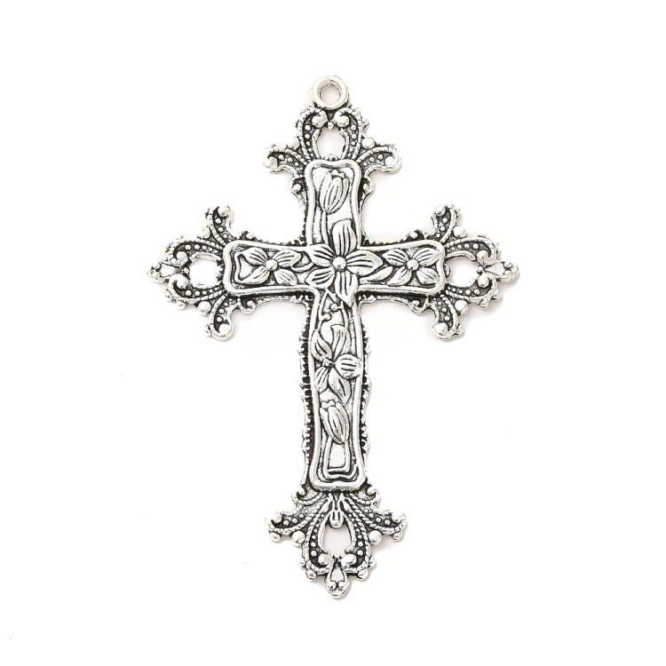 ZM87 Zawieszka metalowa do biżuterii krzyż krzyżyk kwiaty 52x74mm gotyk stare srebro