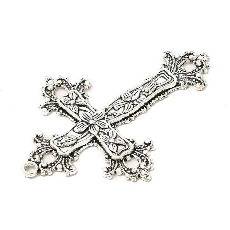 ZM87 Zawieszka metalowa do biżuterii krzyż krzyżyk kwiaty 52x74mm gotyk stare srebro