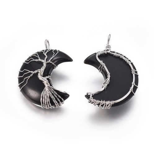 ZKA101 Zawieszka wisior księżyc z kamieniem naturalnym obsydianem 31x47mm