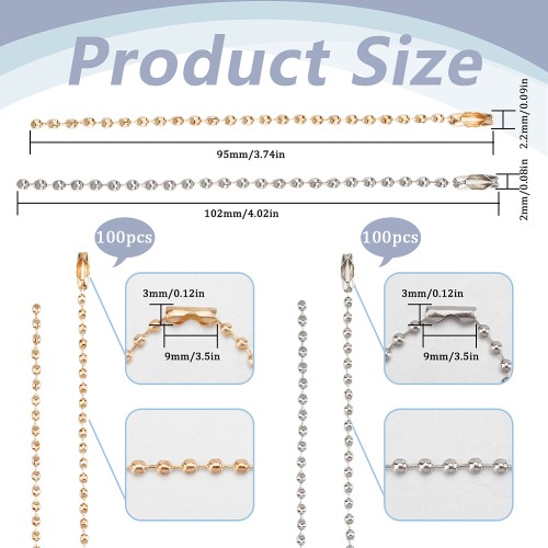 LAN221 Łańcuszek kulkowy z zapięciem 95x2,2mm 102x2mm 200szt platynowy złoty