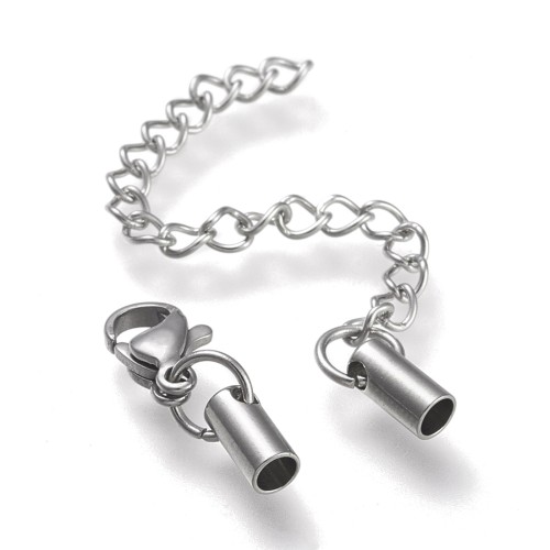 ZAP451 Końcówki rzemieni sznurków 2,8mm z zapięciem i łańcuszkiem stal nierdzewna