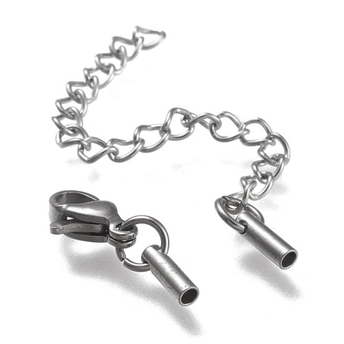 ZAP453 Końcówki rzemieni sznurków 1,5mm z zapięciem i łańcuszkiem stal nierdzewna