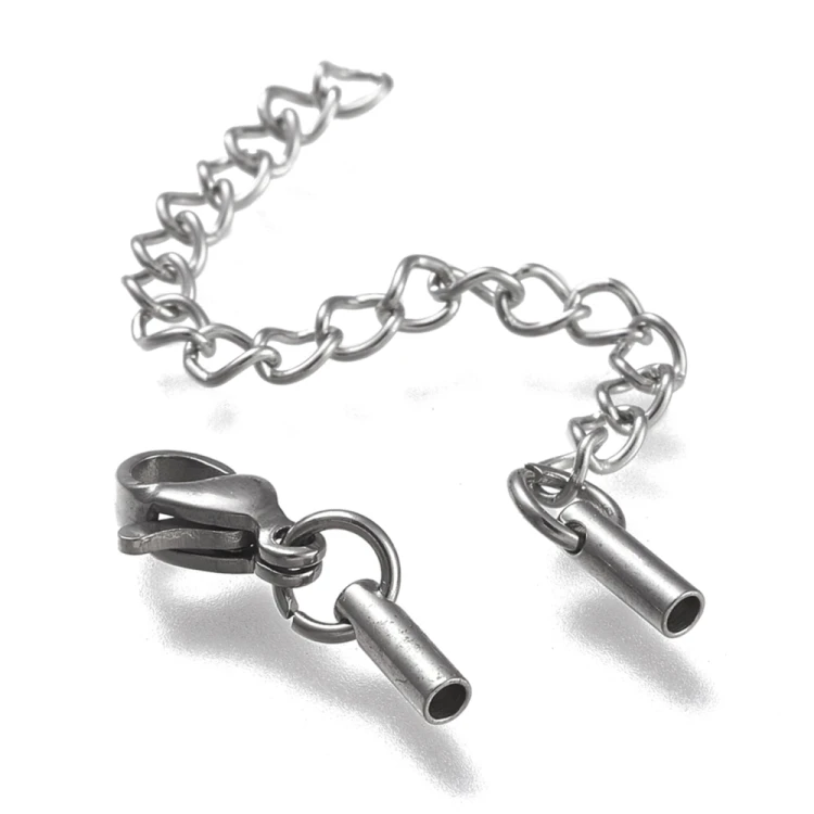 ZAP453 Końcówki rzemieni sznurków 1,5mm z zapięciem i łańcuszkiem stal nierdzewna