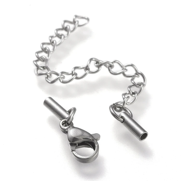 ZAP453 Końcówki rzemieni sznurków 1,5mm z zapięciem i łańcuszkiem stal nierdzewna