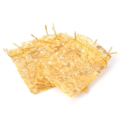 W309 Woreczek z organzy 10x12cm 10szt ozdobny prezentowy podarunkowy - złote róże