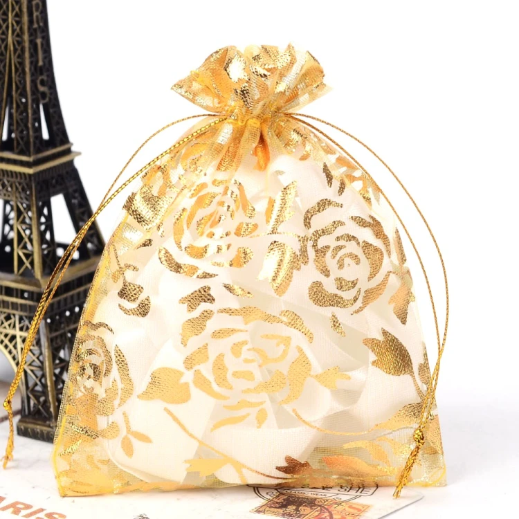 W309 Woreczek z organzy 10x12cm 10szt ozdobny prezentowy podarunkowy - złote róże