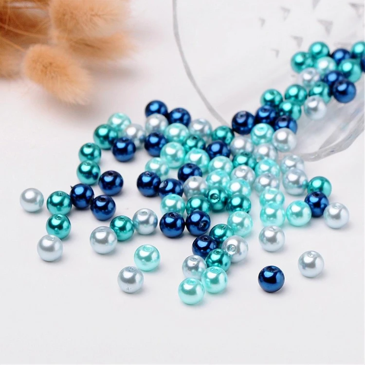 PER304 Perły szklane woskowane kule 8mm 100szt mix niebieskie