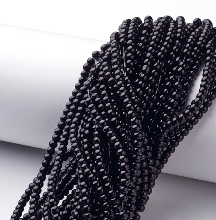 PER319 Perły szklane powlekane woskowane kule 4mm sznur 190szt czarne
