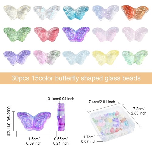 KS143 Koraliki szklane motylki 15x8mm 30szt transparentne mix kolor