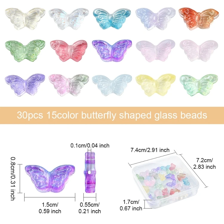 KS143 Koraliki szklane motylki 15x8mm 30szt transparentne mix kolor