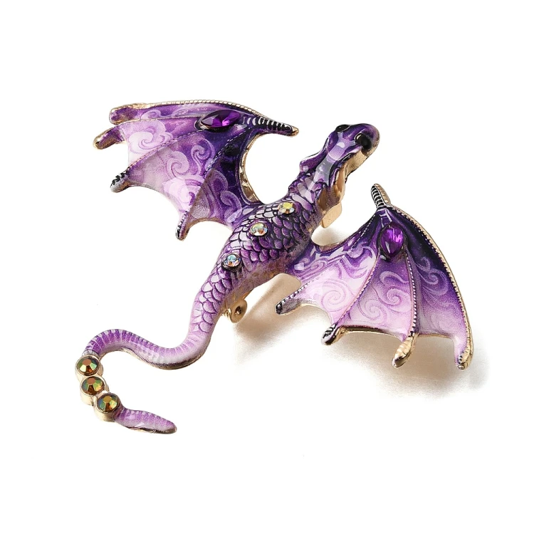 Przypinka ozdobna metalowa z cyrkoniami broszka - smok fioletowy fantasy