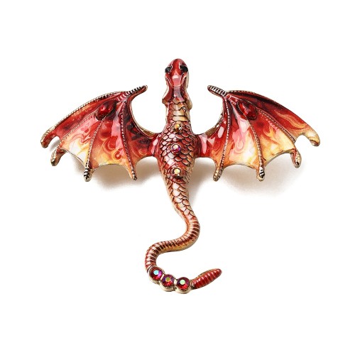 Przypinka ozdobna metalowa z cyrkoniami broszka - ognisty smok fantasy czerwony