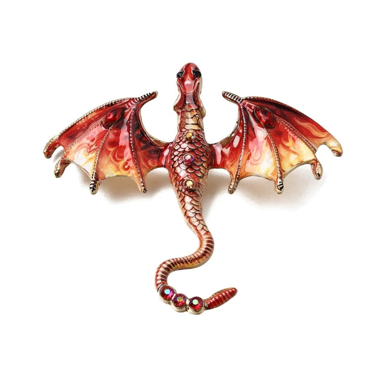 Przypinka ozdobna metalowa z cyrkoniami broszka - ognisty smok fantasy czerwony