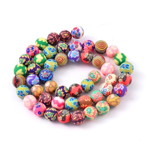 FBA256 Koraliki FIMO kule 8mm sznur 48szt kwiaty mix wzorów kolorów