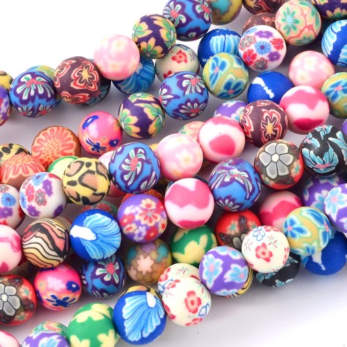FBA256 Koraliki FIMO kule 8mm sznur 48szt kwiaty mix wzorów kolorów