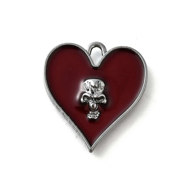 ZM103 Zawieszka metalowa do biżuterii serce czaszka 19x21mm punk gothic bordowe/grafitowe