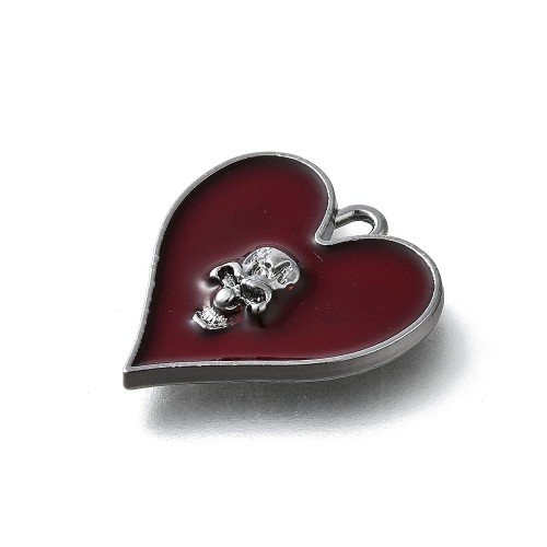 ZM103 Zawieszka metalowa do biżuterii serce czaszka 19x21mm punk gothic bordowe/grafitowe