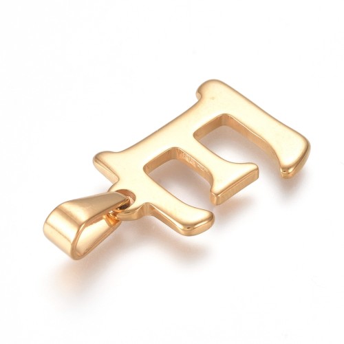 ZSS496 Zawieszka stal nierdzewna literka litera E 15x20mm złota