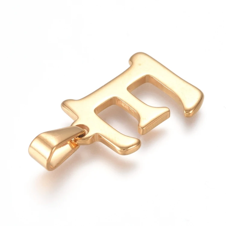 ZSS496 Zawieszka stal nierdzewna literka litera E 15x20mm złota