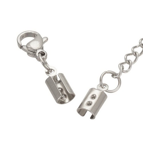 ZAP533 Końcówki rzemieni sznurków 3x10mm z zapięciem i łańcuszkiem stal nierdzewna