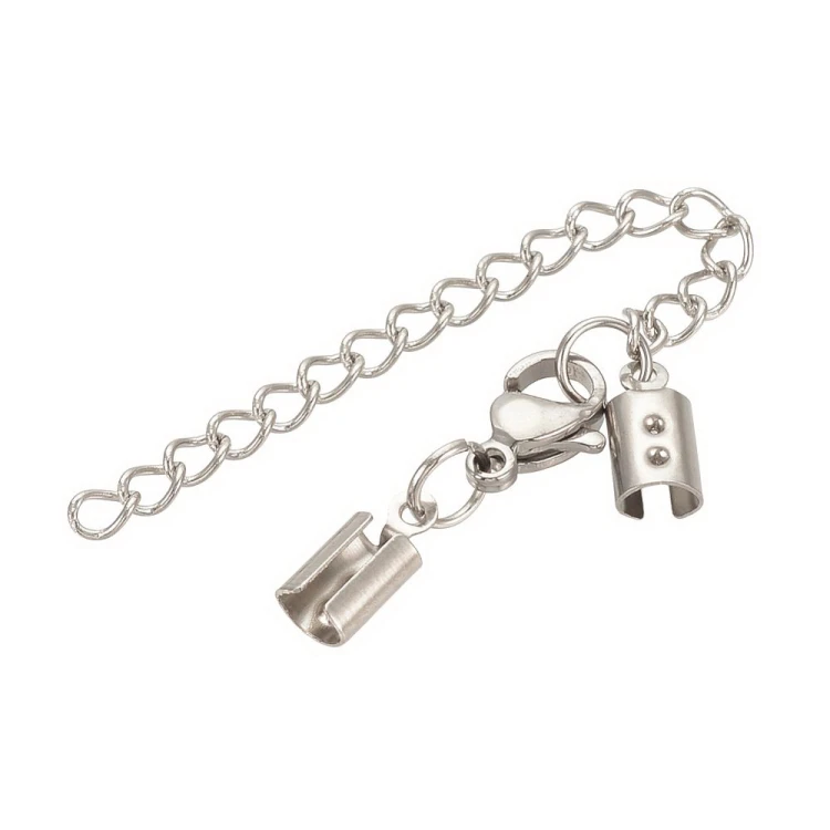 ZAP533 Końcówki rzemieni sznurków 3x10mm z zapięciem i łańcuszkiem stal nierdzewna